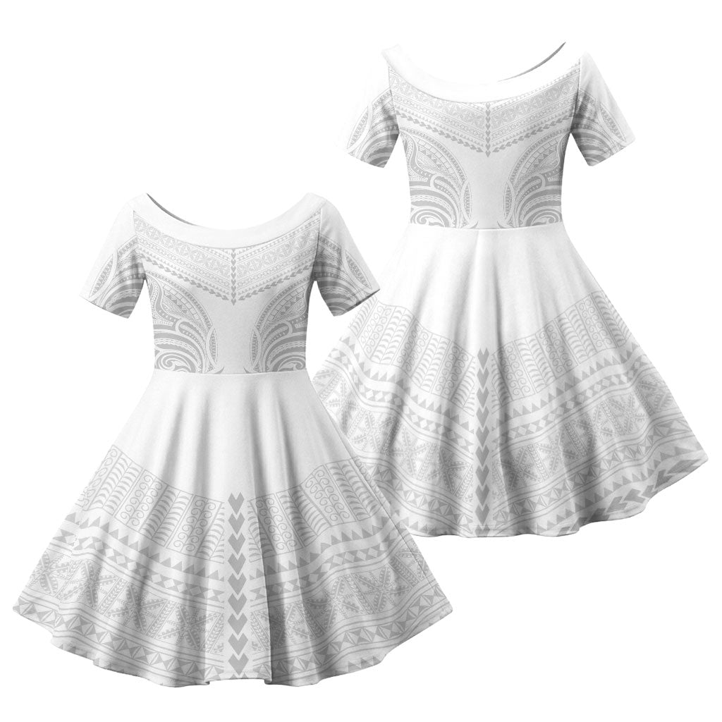 Niue White Sunday Family Matching Off The Shoulder Long Sleeve Dress and Hawaiian Shirt Aho Tapu Fanau Hiapo Pattern LT14 Daughter's Dress White - Polynesian Pride