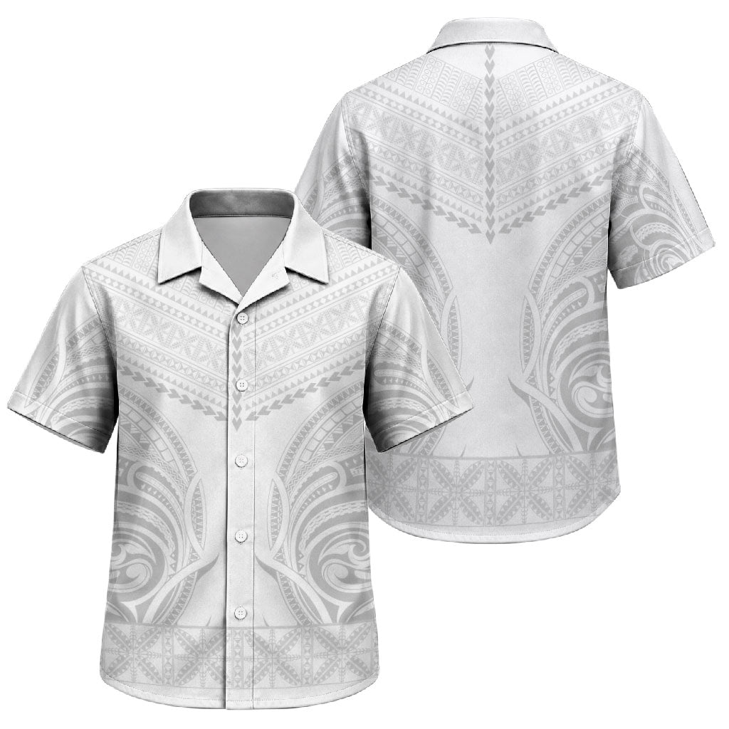 Niue White Sunday Family Matching Off The Shoulder Long Sleeve Dress and Hawaiian Shirt Aho Tapu Fanau Hiapo Pattern LT14 Son's Shirt White - Polynesian Pride