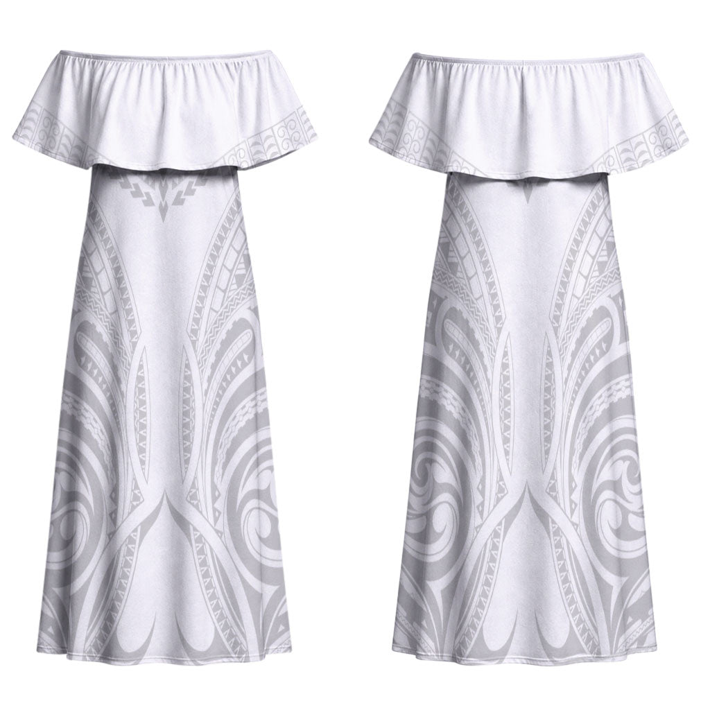 Niue White Sunday Family Matching Off Shoulder Maxi Dress and Hawaiian Shirt Aho Tapu Fanau Hiapo Pattern LT14 Mom's Dress White - Polynesian Pride
