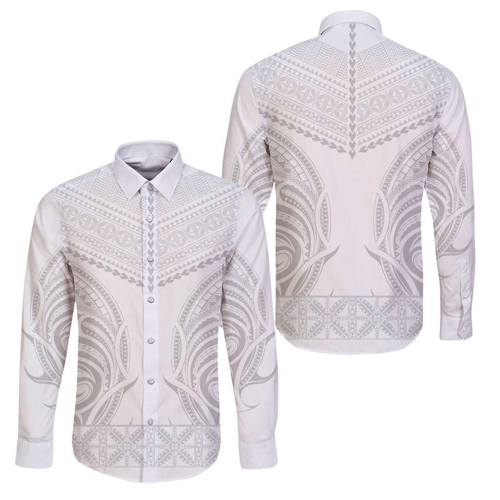 Niue White Sunday Family Matching Off Shoulder Maxi Dress and Hawaiian Shirt Aho Tapu Fanau Hiapo Pattern LT14 Dad's Shirt - Long Sleeve White - Polynesian Pride