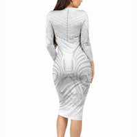 Niue White Sunday Long Sleeve Bodycon Dress Aho Tapu Fanau Hiapo Pattern LT14 - Polynesian Pride