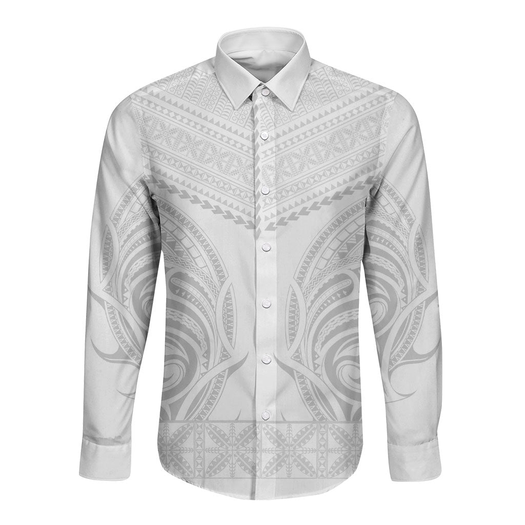 Niue White Sunday Long Sleeve Button Shirt Aho Tapu Fanau Hiapo Pattern