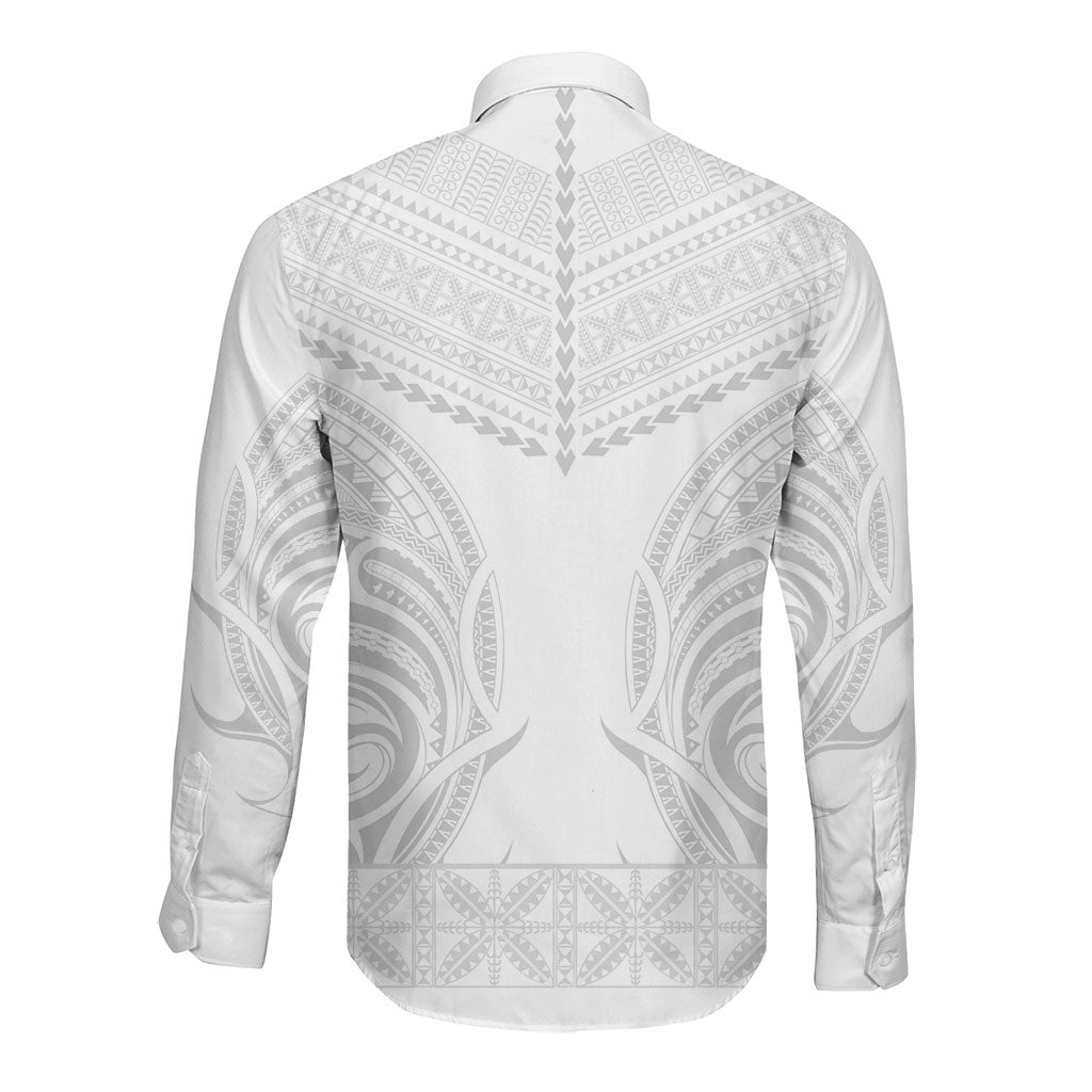 Niue White Sunday Long Sleeve Button Shirt Aho Tapu Fanau Hiapo Pattern