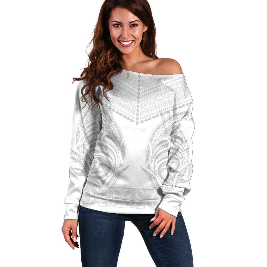 Niue White Sunday Off Shoulder Sweater Aho Tapu Fanau Hiapo Pattern LT14 Women White - Polynesian Pride
