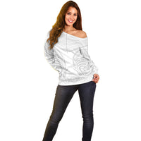 Niue White Sunday Off Shoulder Sweater Aho Tapu Fanau Hiapo Pattern LT14 - Polynesian Pride
