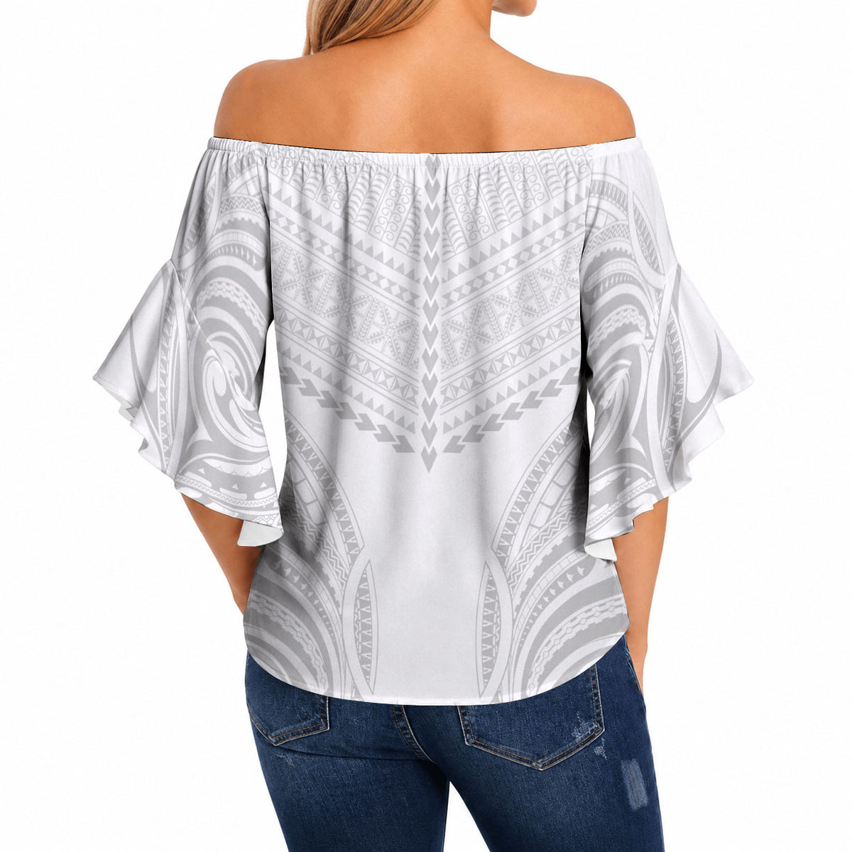 Niue White Sunday Off Shoulder Wrap Waist Top Aho Tapu Fanau Hiapo Pattern LT14 - Polynesian Pride