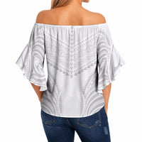 Niue White Sunday Off Shoulder Wrap Waist Top Aho Tapu Fanau Hiapo Pattern LT14 - Polynesian Pride