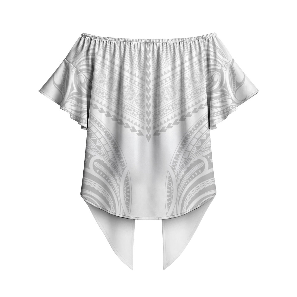 Niue White Sunday Off Shoulder Wrap Waist Top Aho Tapu Fanau Hiapo Pattern LT14 - Polynesian Pride