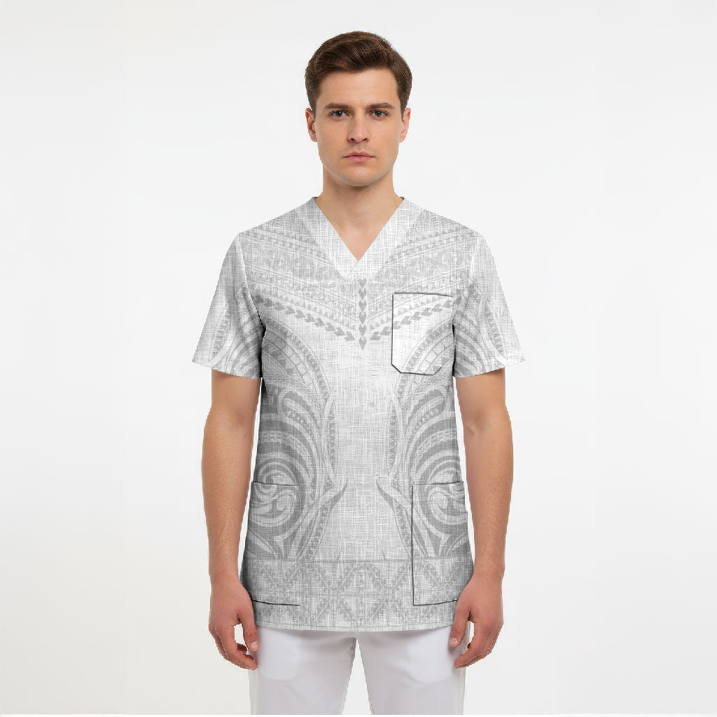 Niue White Sunday Scrub Top Aho Tapu Fanau Hiapo Pattern LT14 - Polynesian Pride