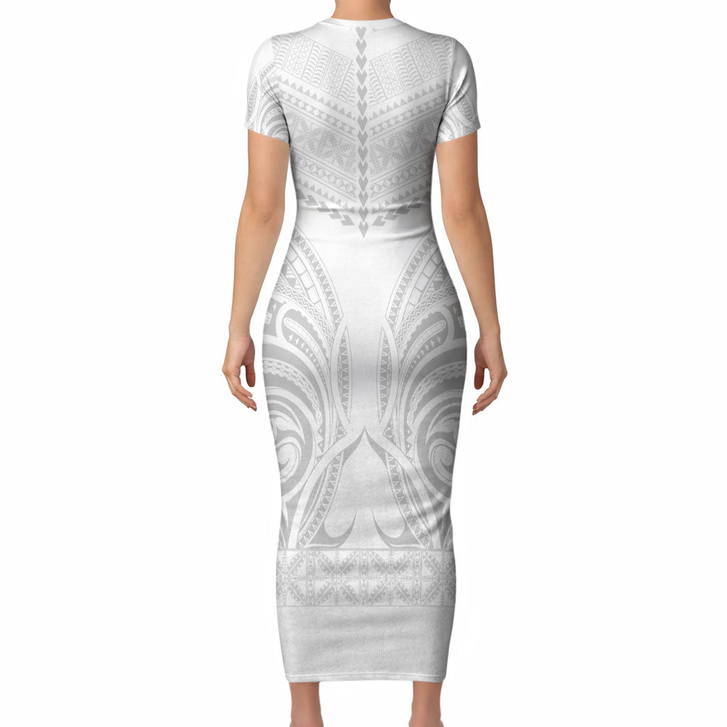 Niue White Sunday Short Sleeve Bodycon Dress Aho Tapu Fanau Hiapo Pattern LT14 - Polynesian Pride