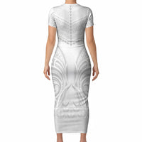 Niue White Sunday Short Sleeve Bodycon Dress Aho Tapu Fanau Hiapo Pattern LT14 - Polynesian Pride