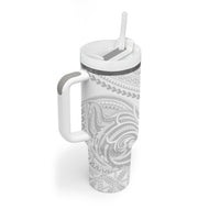 Niue White Sunday Tumbler With Handle Aho Tapu Fanau Hiapo Pattern LT14 - Polynesian Pride