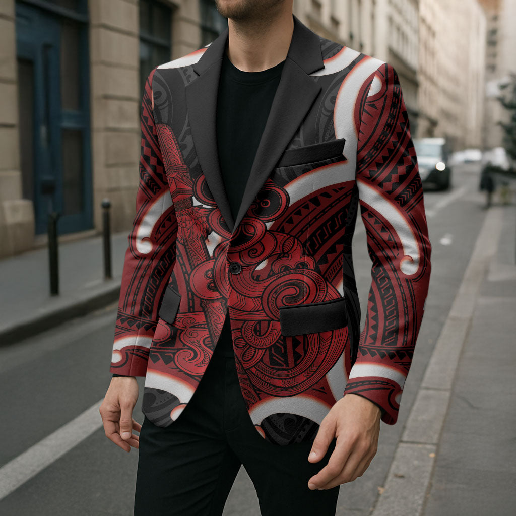 Whero Aotearoa Atua Tumatauenga Personalised Blazer Maori God Of War Tiki With Taiaha LT14 - Polynesian Pride