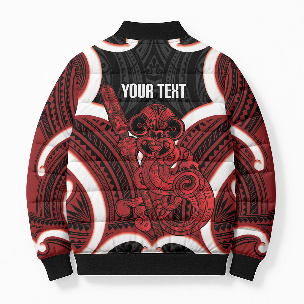 Whero Aotearoa Atua Tumatauenga Personalised Bomber Puffer Jacket Maori God Of War Tiki With Taiaha LT14 - Polynesian Pride