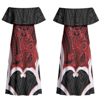 Whero Aotearoa Atua Tumatauenga Personalised Couples Matching Off Shoulder Maxi Dress and Hawaiian Shirt Maori God Of War Tiki With Taiaha LT14 - Polynesian Pride