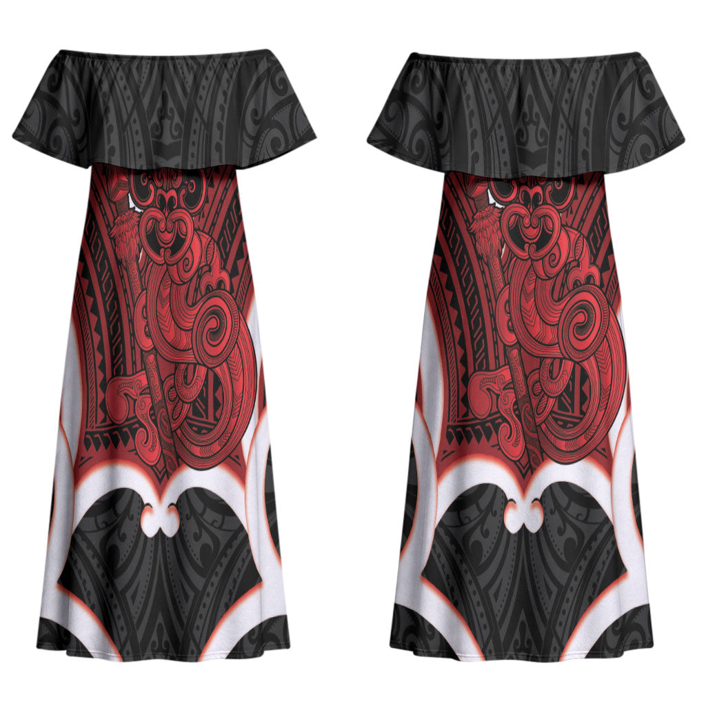 Whero Aotearoa Atua Tumatauenga Personalised Couples Matching Off Shoulder Maxi Dress and Long Sleeve Button Shirt Maori God Of War Tiki With Taiaha LT14 - Polynesian Pride