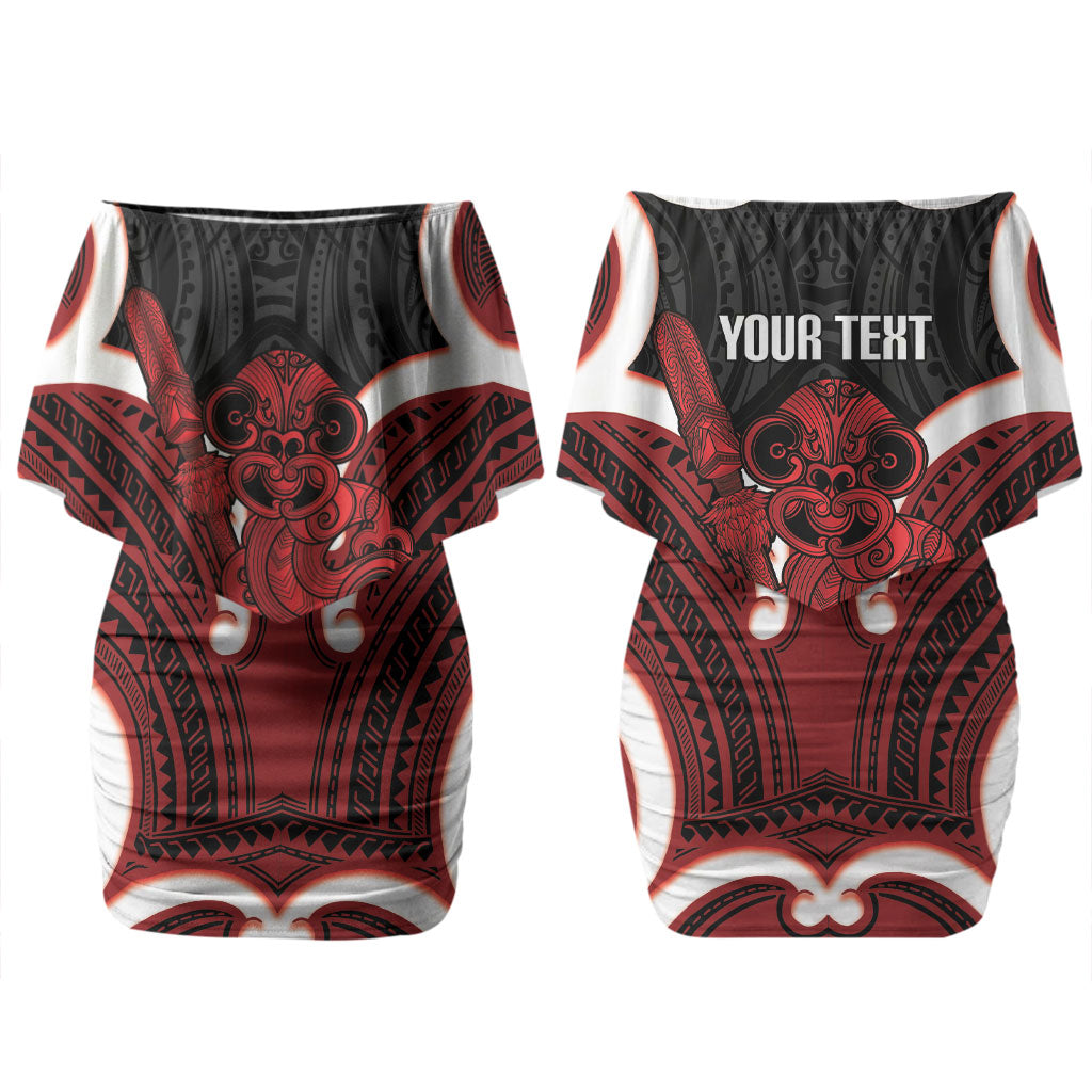 Whero Aotearoa Atua Tumatauenga Personalised Couples Matching Off Shoulder Short Dress and Hawaiian Shirt Maori God Of War Tiki With Taiaha LT14 - Polynesian Pride