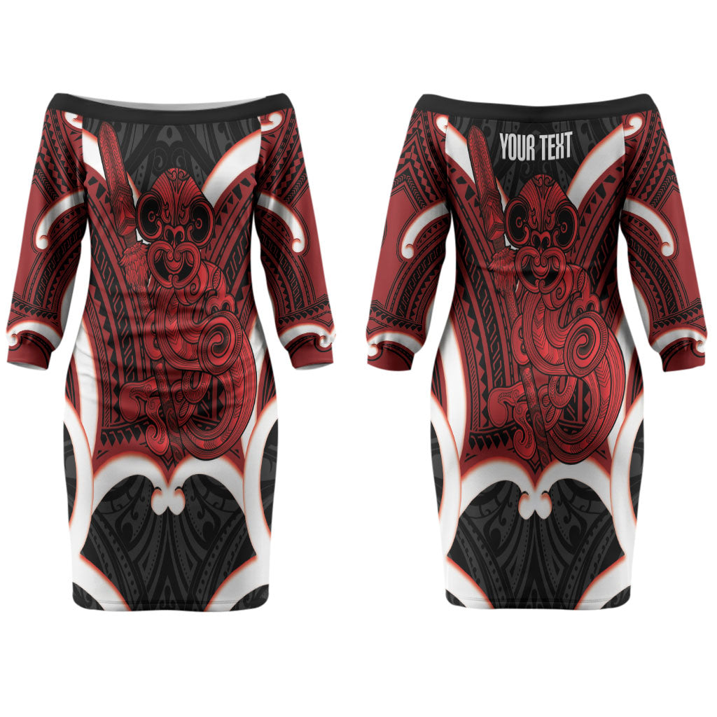 Whero Aotearoa Atua Tumatauenga Personalised Couples Matching Off The Shoulder Long Sleeve Dress and Hawaiian Shirt Maori God Of War Tiki With Taiaha LT14 - Polynesian Pride