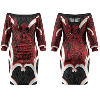 Whero Aotearoa Atua Tumatauenga Personalised Couples Matching Off The Shoulder Long Sleeve Dress and Hawaiian Shirt Maori God Of War Tiki With Taiaha LT14 - Polynesian Pride
