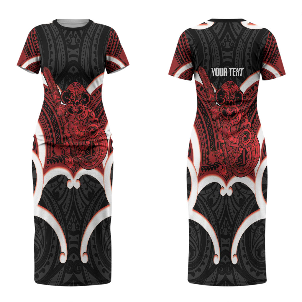 Whero Aotearoa Atua Tumatauenga Personalised Couples Matching Short Sleeve Bodycon Dress and Long Sleeve Button Shirt Maori God Of War Tiki With Taiaha LT14 - Polynesian Pride