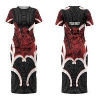 Whero Aotearoa Atua Tumatauenga Personalised Couples Matching Short Sleeve Bodycon Dress and Long Sleeve Button Shirt Maori God Of War Tiki With Taiaha LT14 - Polynesian Pride