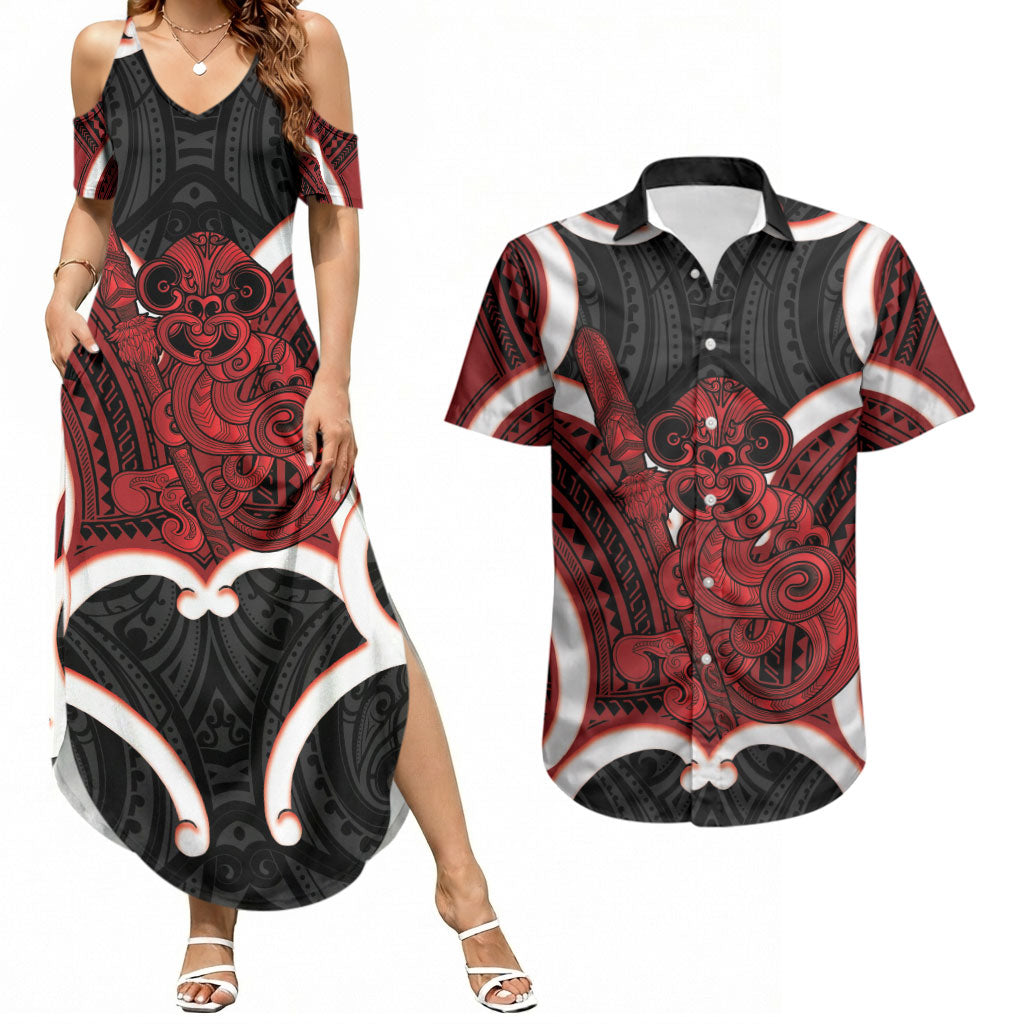 Whero Aotearoa Atua Tumatauenga Personalised Couples Matching Summer Maxi Dress and Hawaiian Shirt Maori God Of War Tiki With Taiaha LT14 Red - Polynesian Pride