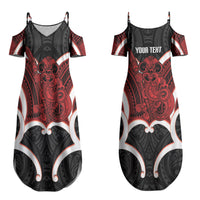 Whero Aotearoa Atua Tumatauenga Personalised Couples Matching Summer Maxi Dress and Long Sleeve Button Shirt Maori God Of War Tiki With Taiaha LT14 - Polynesian Pride