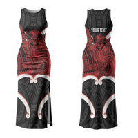 Whero Aotearoa Atua Tumatauenga Personalised Couples Matching Tank Maxi Dress and Long Sleeve Button Shirt Maori God Of War Tiki With Taiaha LT14 - Polynesian Pride