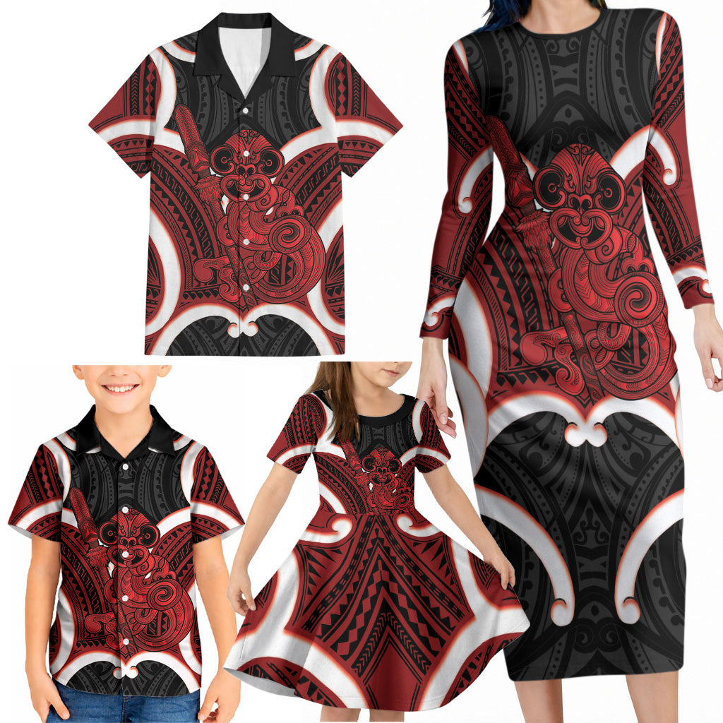 Whero Aotearoa Atua Tumatauenga Personalised Family Matching Long Sleeve Bodycon Dress and Hawaiian Shirt Maori God Of War Tiki With Taiaha