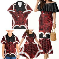 Whero Aotearoa Atua Tumatauenga Personalised Family Matching Mermaid Dress and Hawaiian Shirt Maori God Of War Tiki With Taiaha