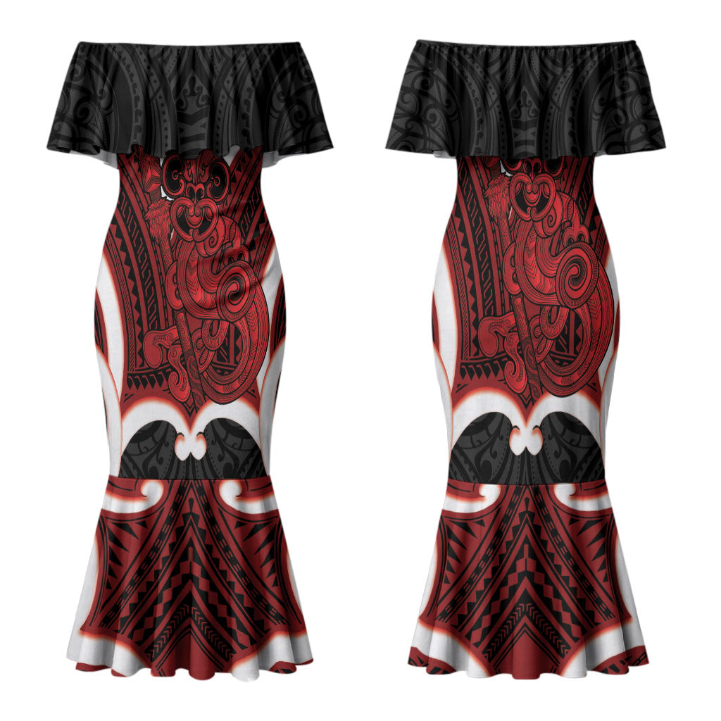Whero Aotearoa Atua Tumatauenga Personalised Family Matching Mermaid Dress and Hawaiian Shirt Maori God Of War Tiki With Taiaha