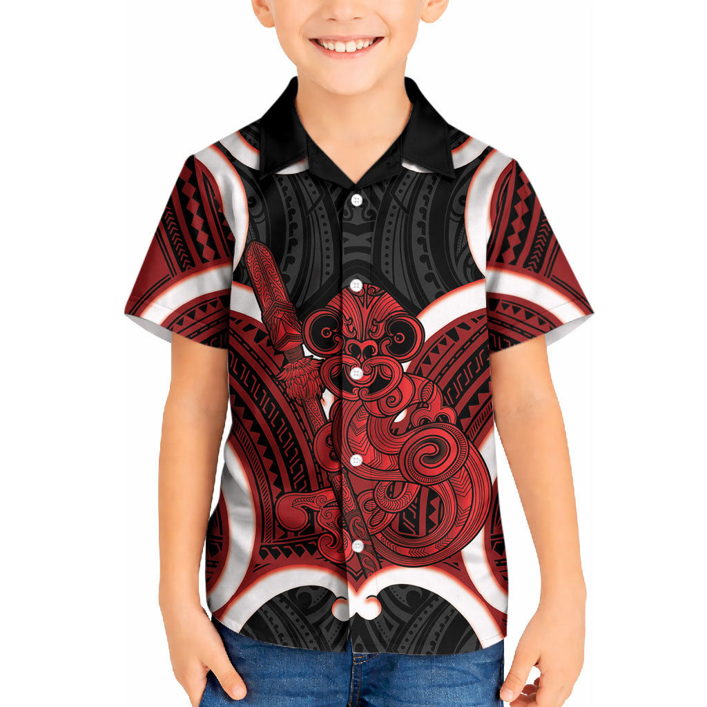 Whero Aotearoa Atua Tumatauenga Personalised Kid Hawaiian Shirt Maori God Of War Tiki With Taiaha LT14 Kid Red - Polynesian Pride