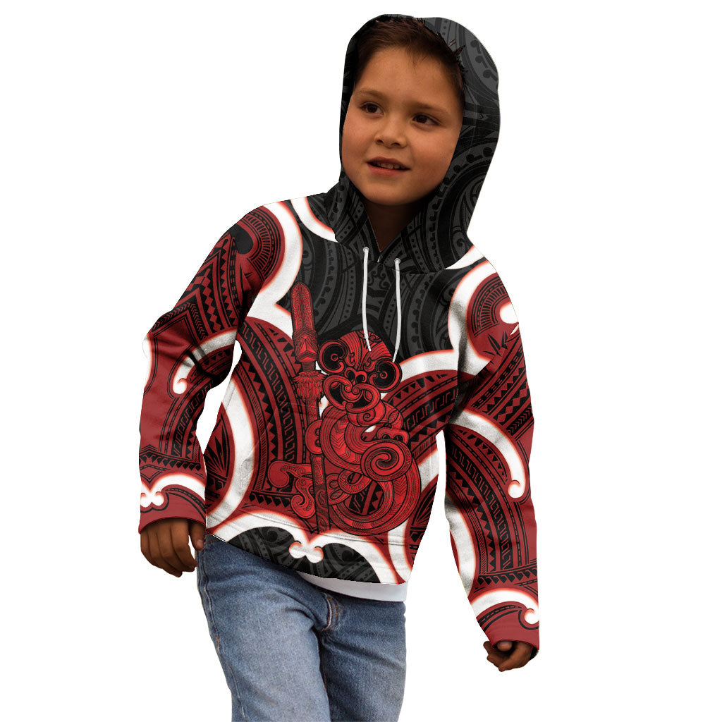 Whero Aotearoa Atua Tumatauenga Personalised Kid Hoodie Maori God Of War Tiki With Taiaha LT14 - Polynesian Pride