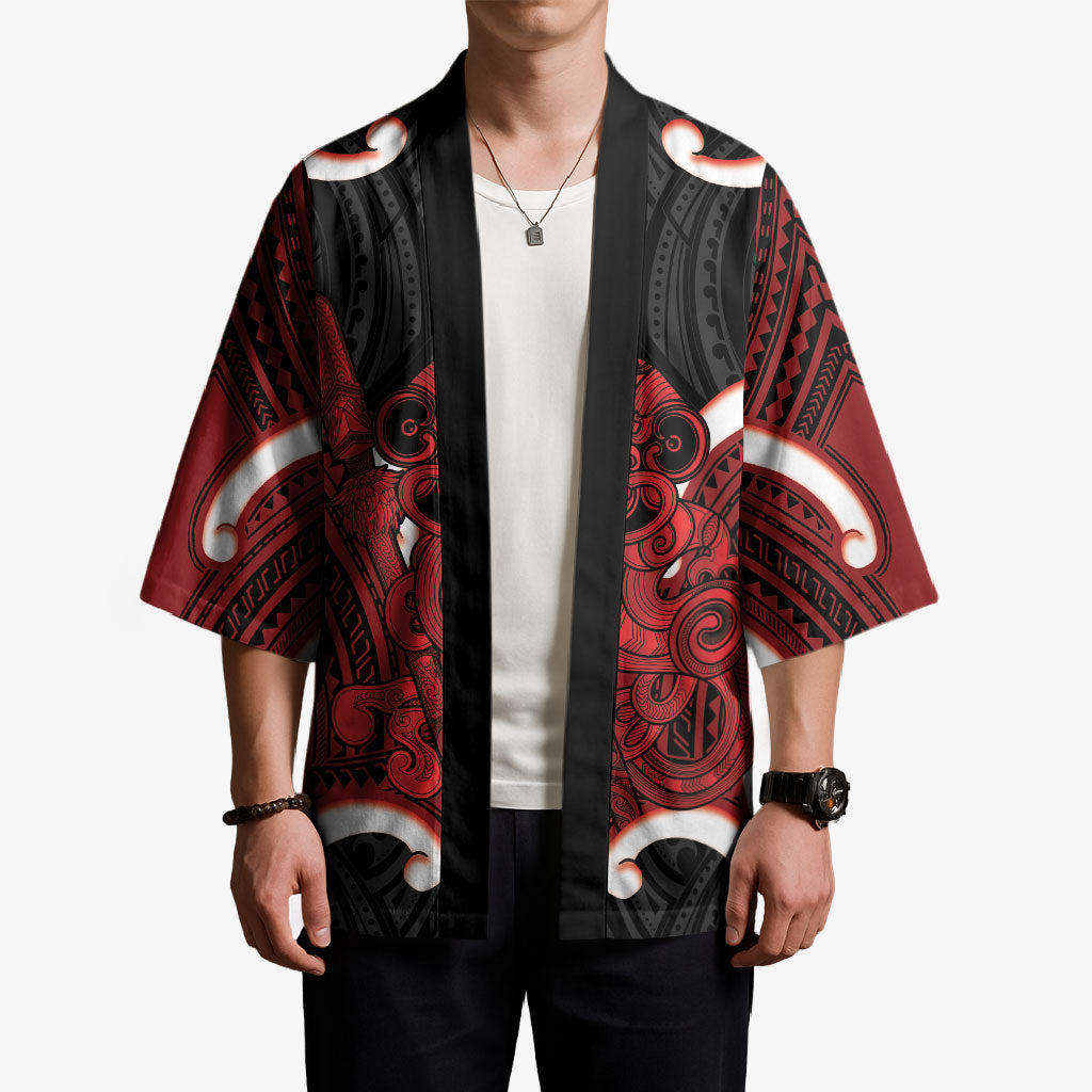 Whero Aotearoa Atua Tumatauenga Personalised Kimono Maori God Of War Tiki With Taiaha LT14 - Polynesian Pride