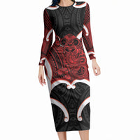Whero Aotearoa Atua Tumatauenga Personalised Long Sleeve Bodycon Dress Maori God Of War Tiki With Taiaha LT14 Long Dress Red - Polynesian Pride