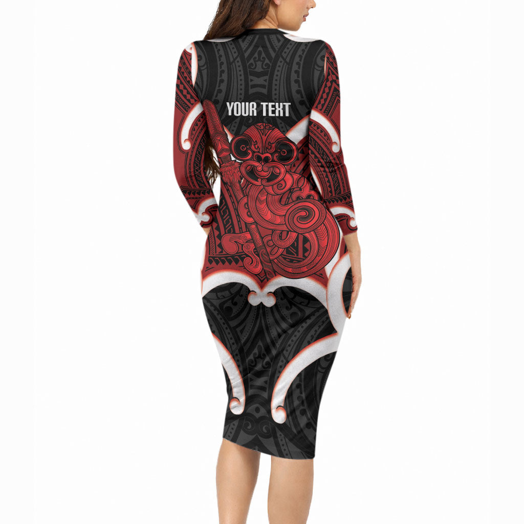Whero Aotearoa Atua Tumatauenga Personalised Long Sleeve Bodycon Dress Maori God Of War Tiki With Taiaha LT14 - Polynesian Pride