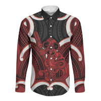Whero Aotearoa Atua Tumatauenga Personalised Long Sleeve Button Shirt Maori God Of War Tiki With Taiaha LT14 Unisex Red - Polynesian Pride