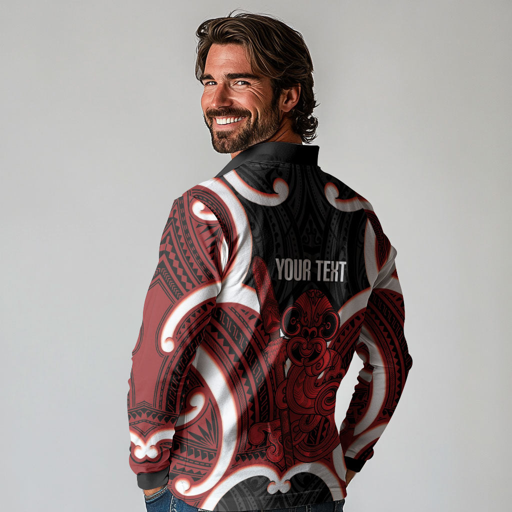 Whero Aotearoa Atua Tumatauenga Personalised Long Sleeve Polo Shirt Maori God Of War Tiki With Taiaha LT14 - Polynesian Pride