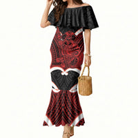 Whero Aotearoa Atua Tumatauenga Personalised Mermaid Dress Maori God Of War Tiki With Taiaha LT14 Women Red - Polynesian Pride