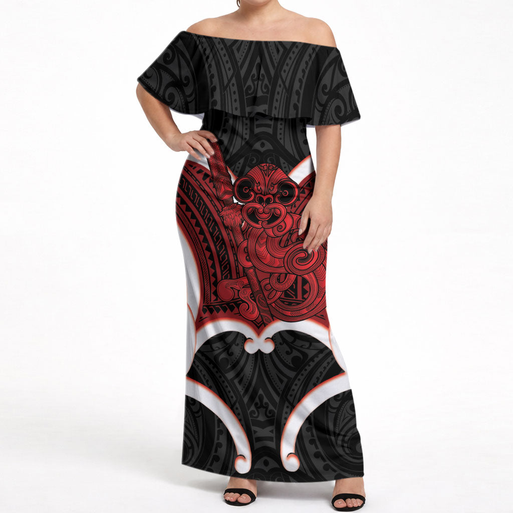Whero Aotearoa Atua Tumatauenga Personalised Off Shoulder Maxi Dress Maori God Of War Tiki With Taiaha