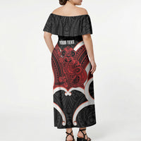 Whero Aotearoa Atua Tumatauenga Personalised Off Shoulder Maxi Dress Maori God Of War Tiki With Taiaha