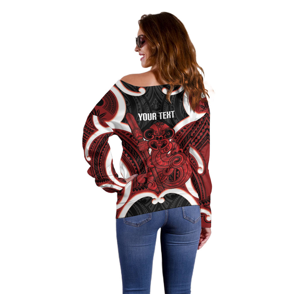 Whero Aotearoa Atua Tumatauenga Personalised Off Shoulder Sweater Maori God Of War Tiki With Taiaha LT14 - Polynesian Pride