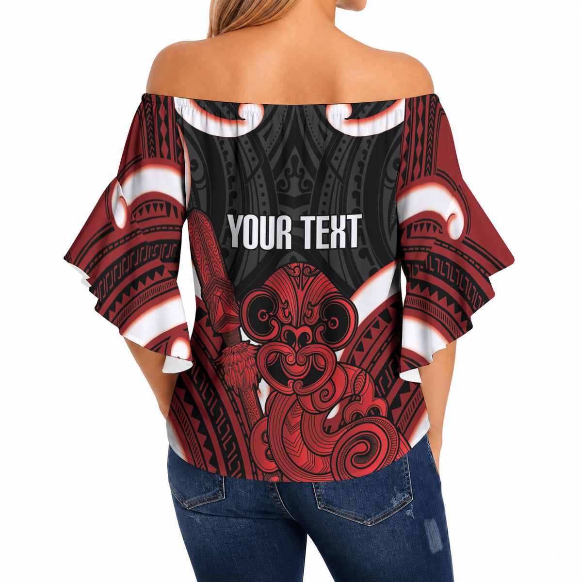Whero Aotearoa Atua Tumatauenga Personalised Off Shoulder Wrap Waist Top Maori God Of War Tiki With Taiaha LT14 - Polynesian Pride