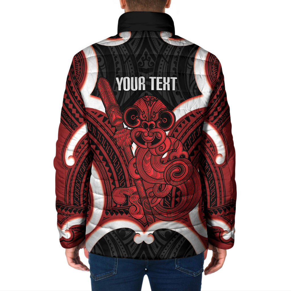 Whero Aotearoa Atua Tumatauenga Personalised Padded Jacket Maori God Of War Tiki With Taiaha LT14 - Polynesian Pride