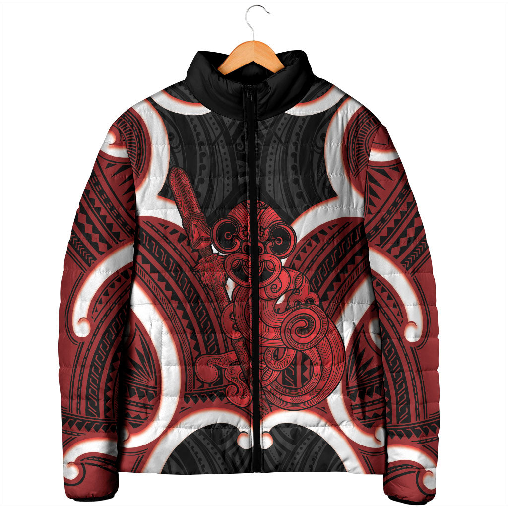Whero Aotearoa Atua Tumatauenga Personalised Padded Jacket Maori God Of War Tiki With Taiaha LT14 - Polynesian Pride