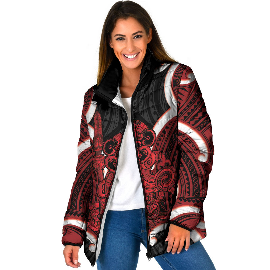 Whero Aotearoa Atua Tumatauenga Personalised Padded Jacket Maori God Of War Tiki With Taiaha LT14 Women Red - Polynesian Pride
