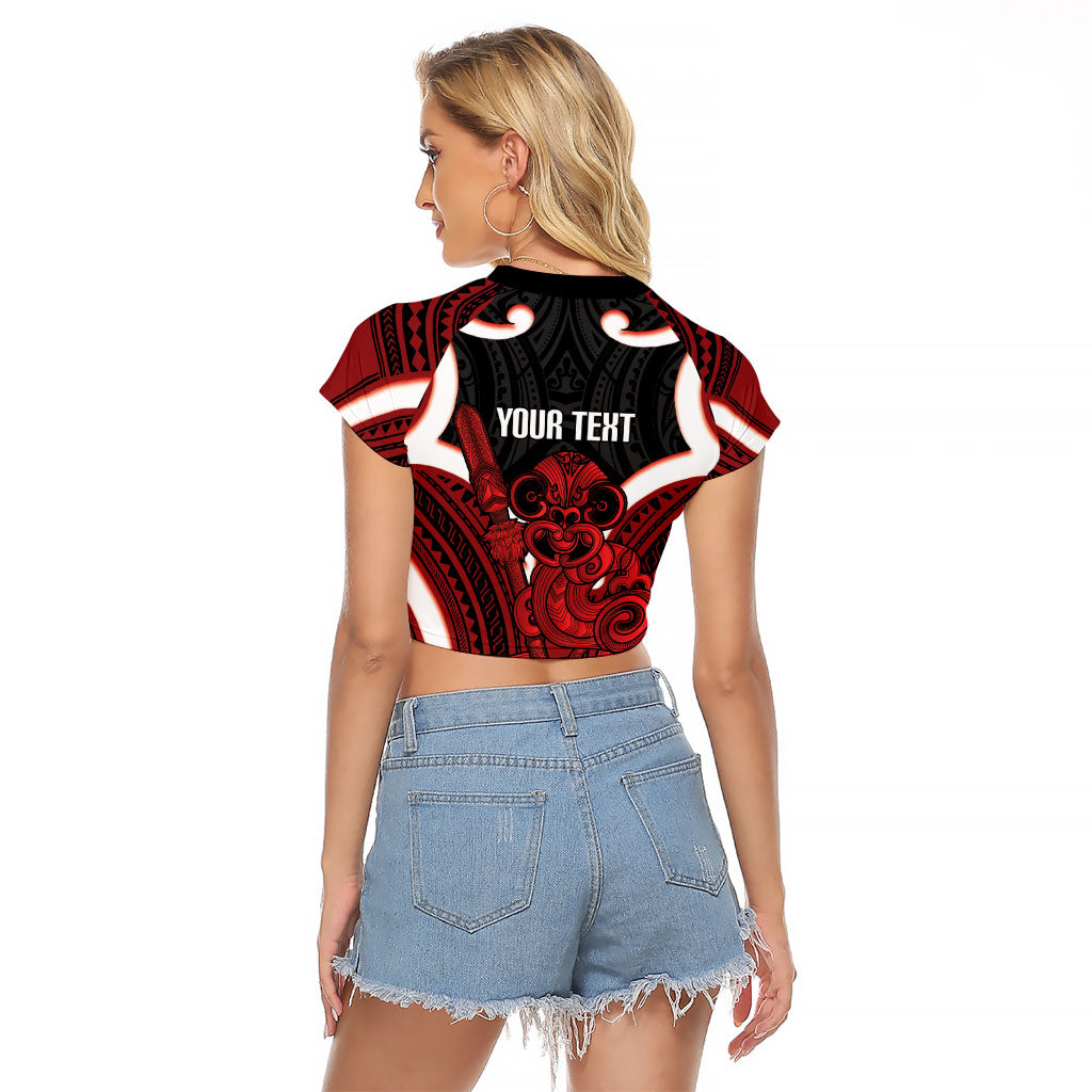 Whero Aotearoa Atua Tumatauenga Personalised Raglan Cropped T Shirt Maori God Of War Tiki With Taiaha LT14 - Polynesian Pride