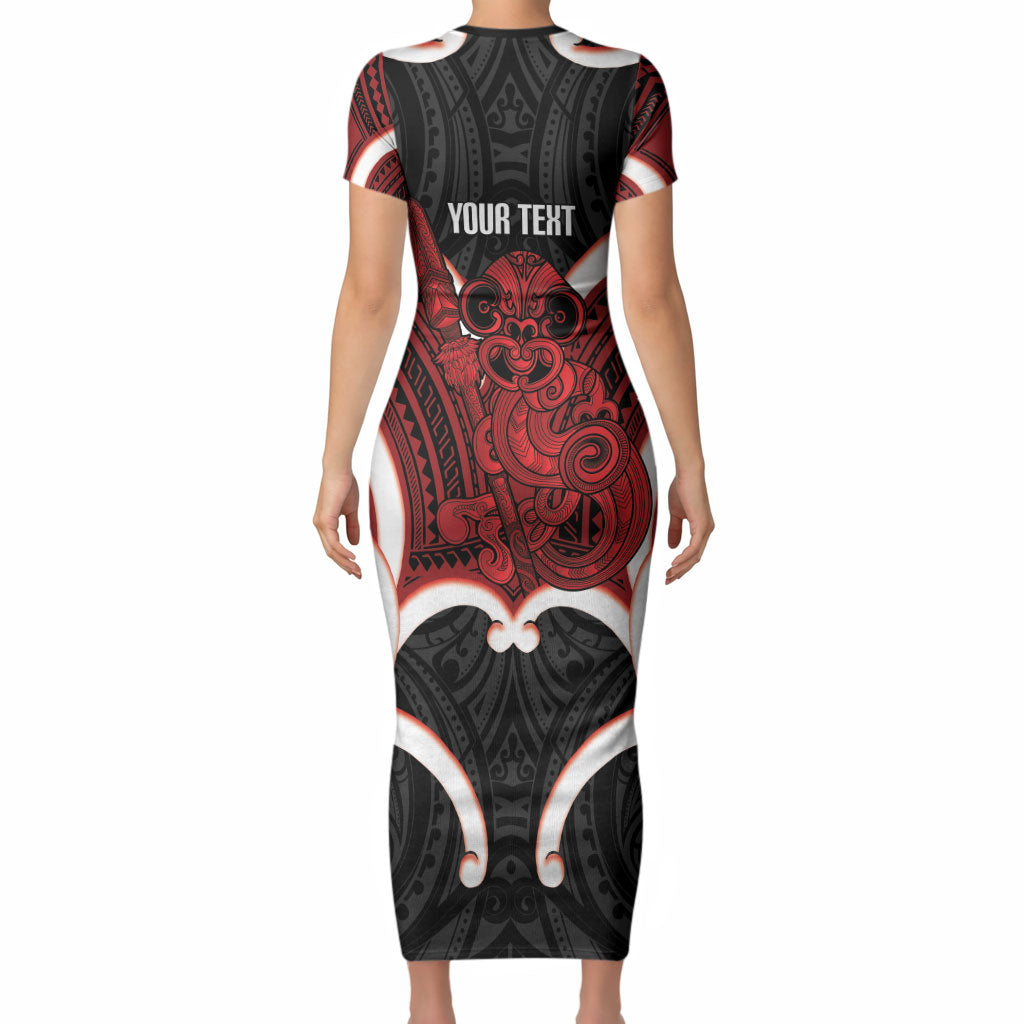 Whero Aotearoa Atua Tumatauenga Personalised Short Sleeve Bodycon Dress Maori God Of War Tiki With Taiaha LT14 - Polynesian Pride