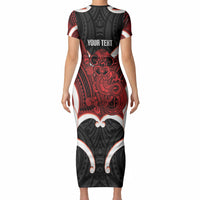 Whero Aotearoa Atua Tumatauenga Personalised Short Sleeve Bodycon Dress Maori God Of War Tiki With Taiaha LT14 - Polynesian Pride