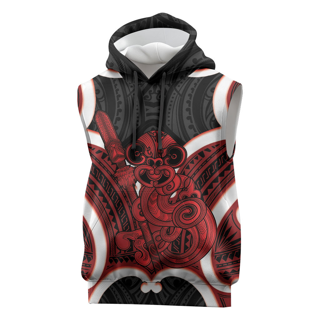 Whero Aotearoa Atua Tumatauenga Personalised Sleeveless Hoodie Maori God Of War Tiki With Taiaha LT14 Red - Polynesian Pride